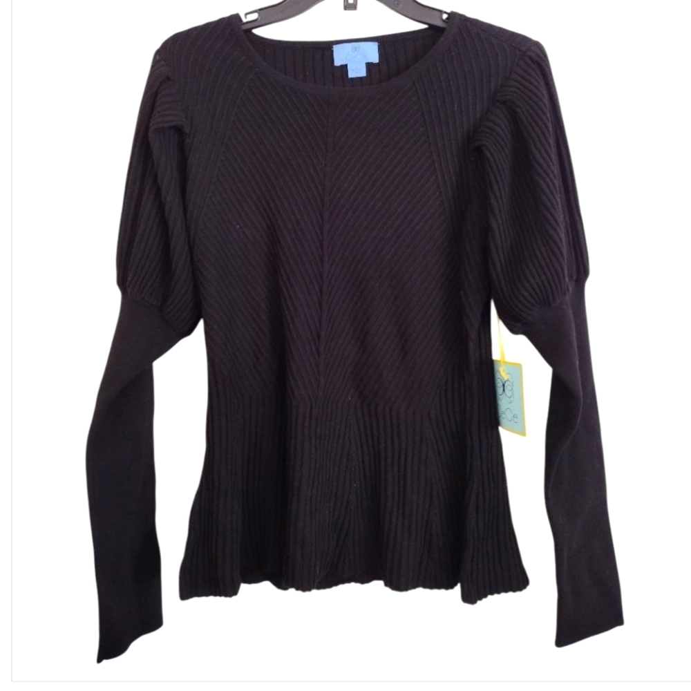 CeCe Black Ribbed Puff Sleeve Sweater Size Large